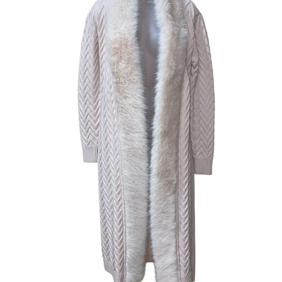 New Guess by Marciano Paula Faux Fur Trimmed Wrap Cardigan Coat With Chevron Kni - Picture 6 of 14
